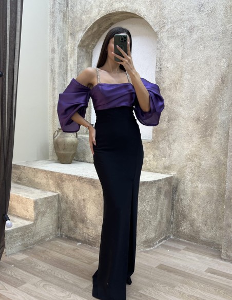 Fitted long party dress with balloon sleeves