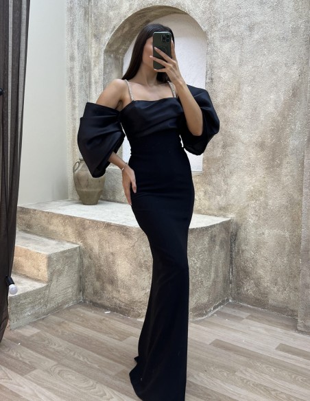 Vestido de fiesta ajustado con manga globo negro