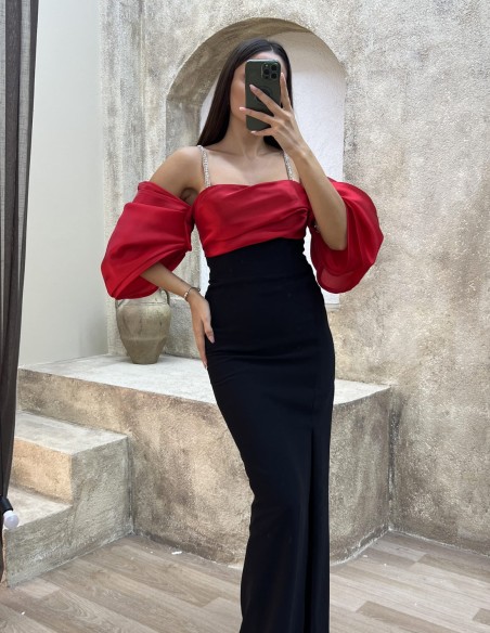 Vestido de fiesta ajustado con manga globo rojo