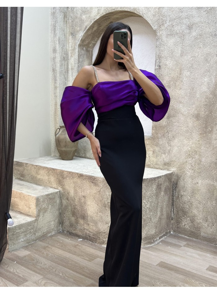 Vestido de fiesta ajustado con manga globo violeta