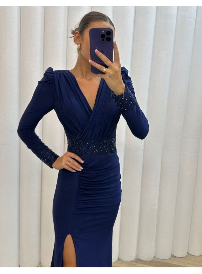 Long party dress with draped neckline and sequins