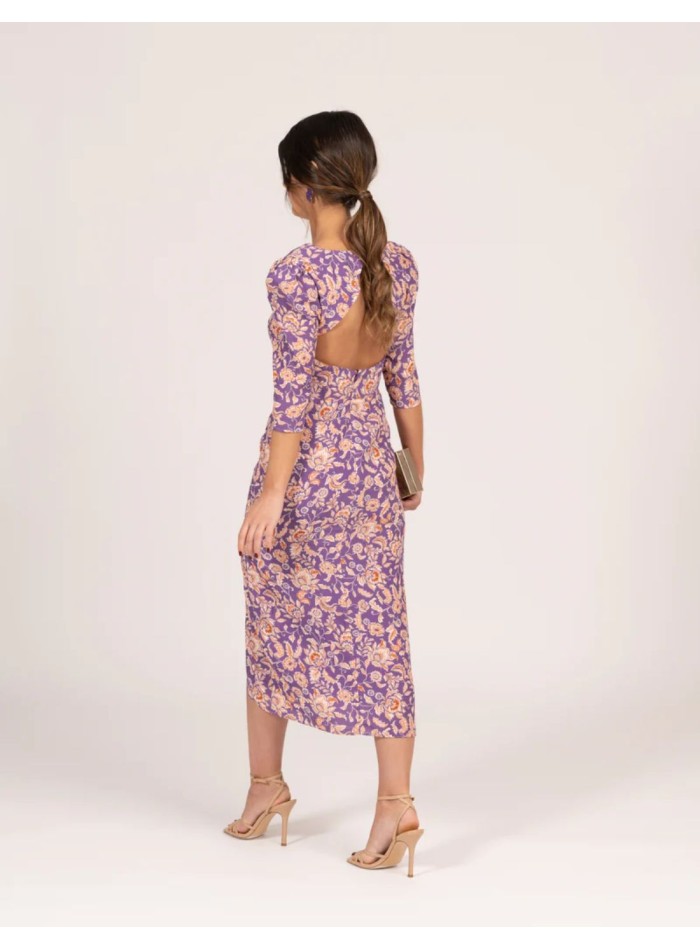 Lilac floral print midi dress with ruffled sleeves