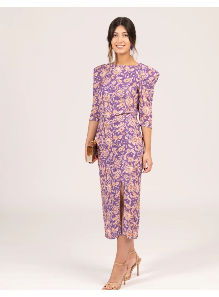 Robe midi à imprimé floral violet et manches...