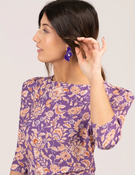 Lilac floral print midi dress with ruffled sleeves