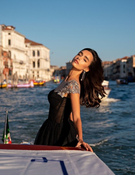 Black midi party dress with tulle skirt