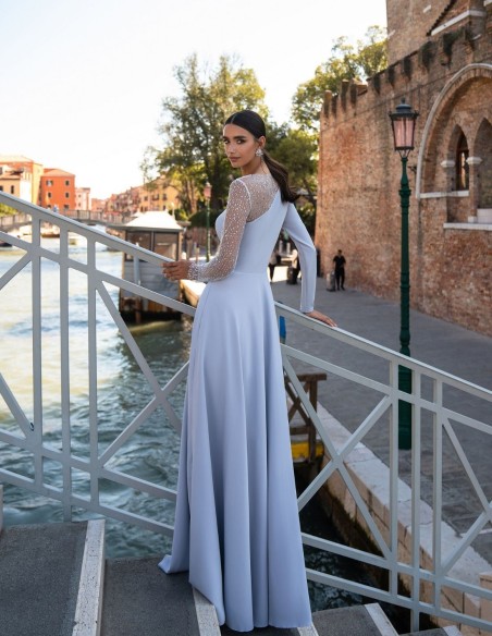 Pearl grey long party dress with fancy sleeves