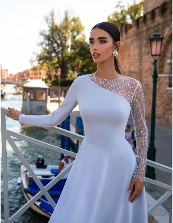 Pearl grey long party dress with fancy sleeves 2