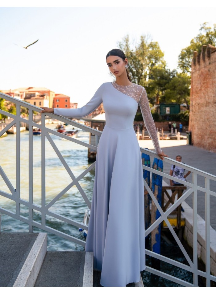 Pearl grey long party dress with fancy sleeves