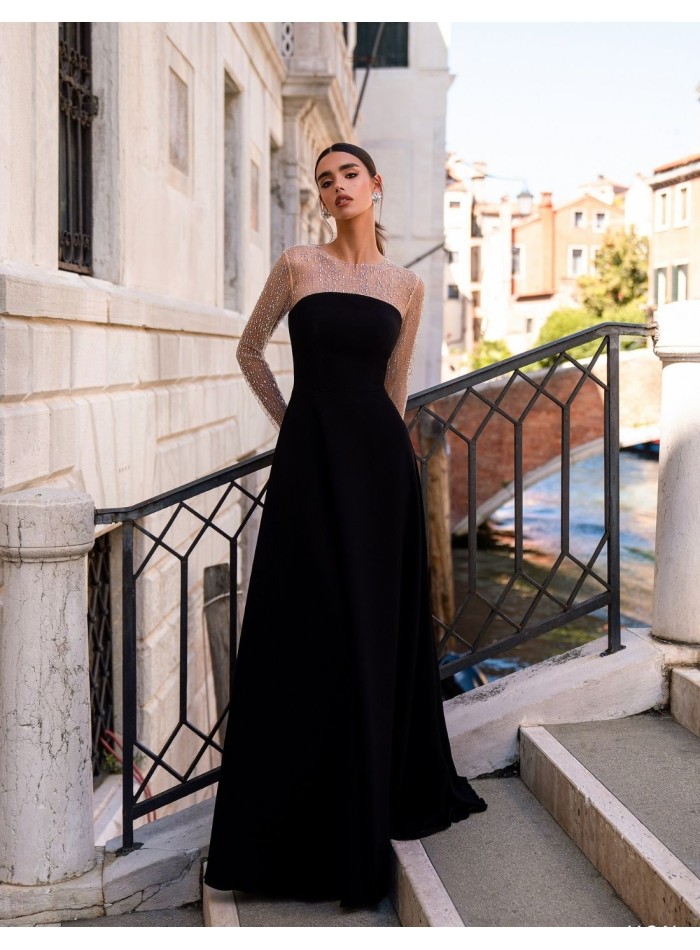 Long party dress with rhinestone sleeves