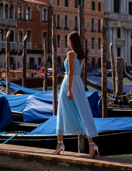 Midi dress with shiny tulle and pleated bodice