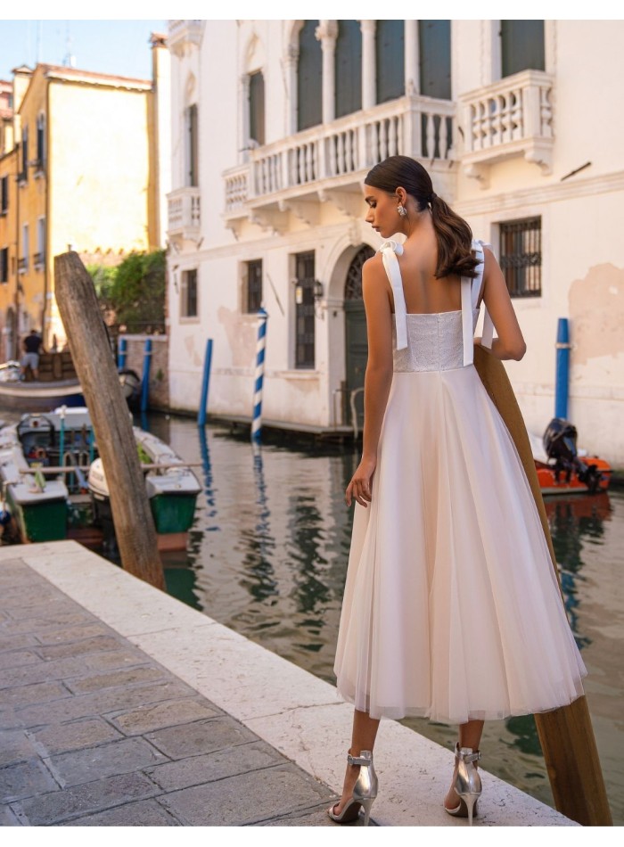 Midi party dress with bow straps and tulle skirt