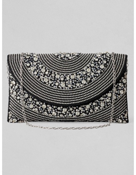 Black evening clutch bag with white crystals