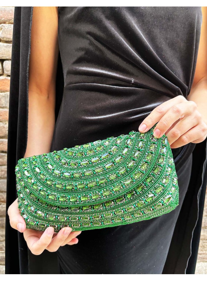 Emerald green evening clutch bag made of...