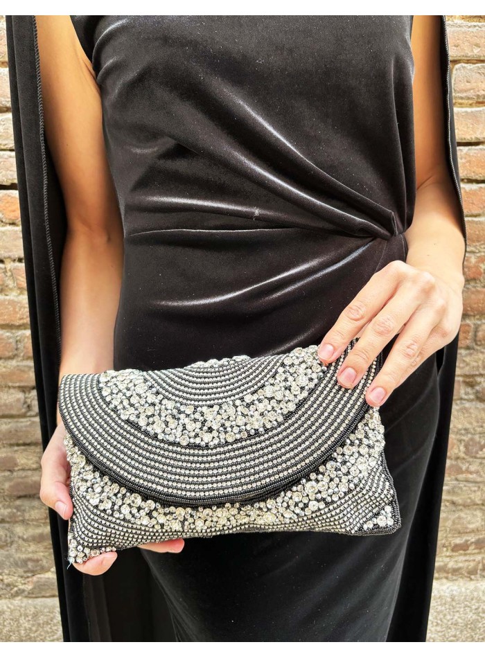 Black evening clutch bag with white crystals