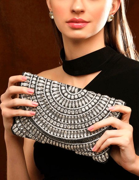 Black evening clutch bag with white crystals