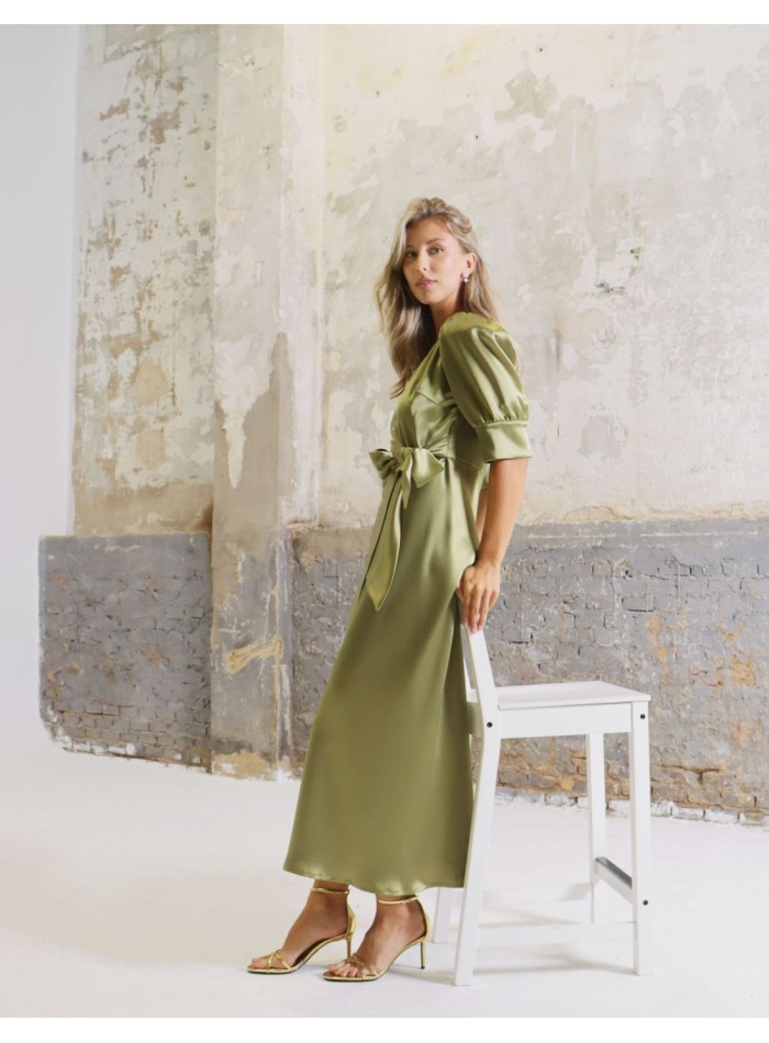 Olive green midi satin party dress