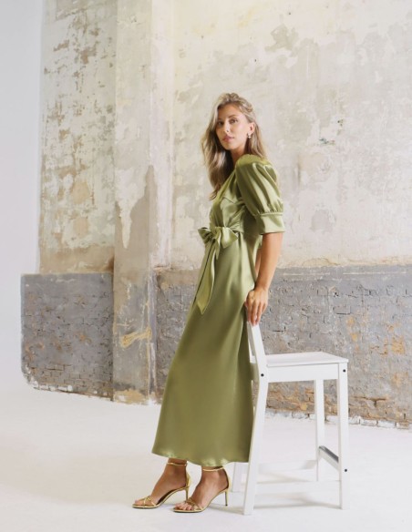Olive green midi satin party dress