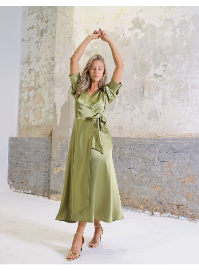 Olive green midi satin party dress