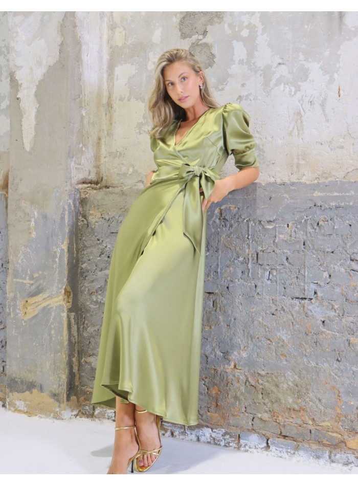 Robe de soirée midi en satin vert olive