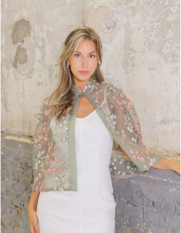 Embroidered silk organza short party cape 2