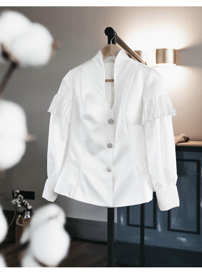 Long sleeve white jacket with swan neck and...