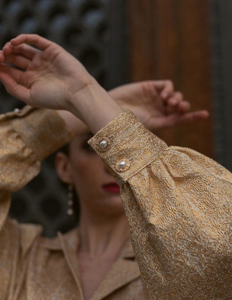 Blouse de fête imprimée dorée à manches bouffantes