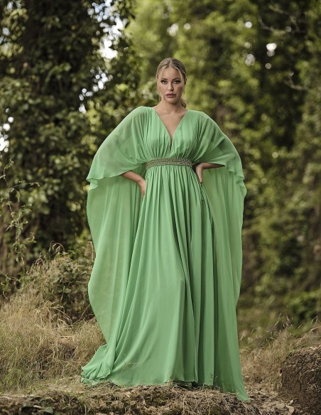 Long ball gown with cape and rhinestone sash