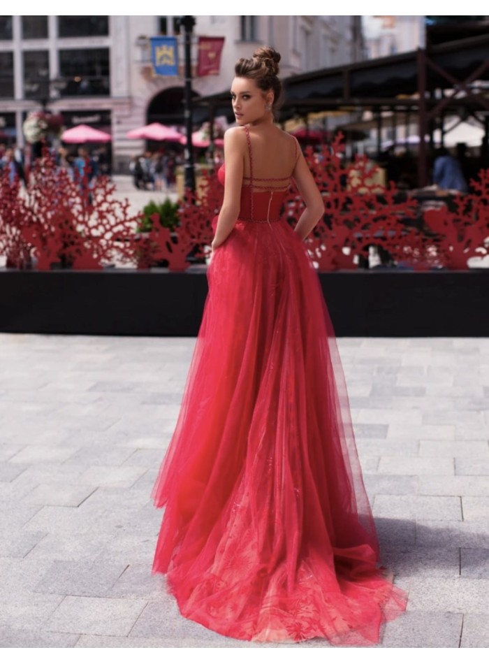 Long party dress with embroidered tulle skirt...