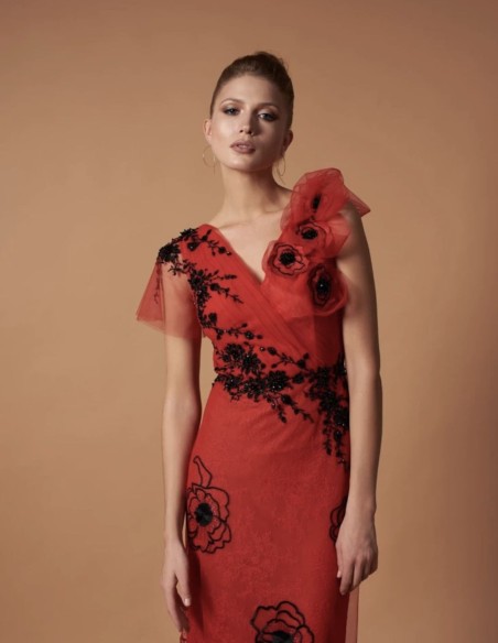 Long party dress in tulle embroidered with appliqués