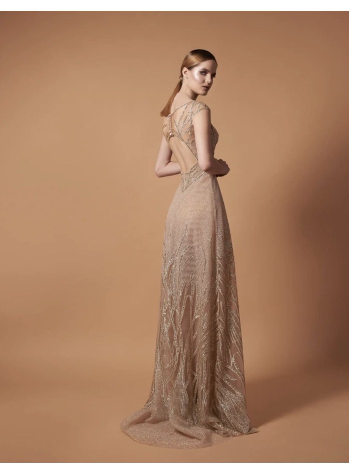 Long gold party dress with rhinestones
