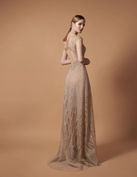 Long gold party dress with rhinestones