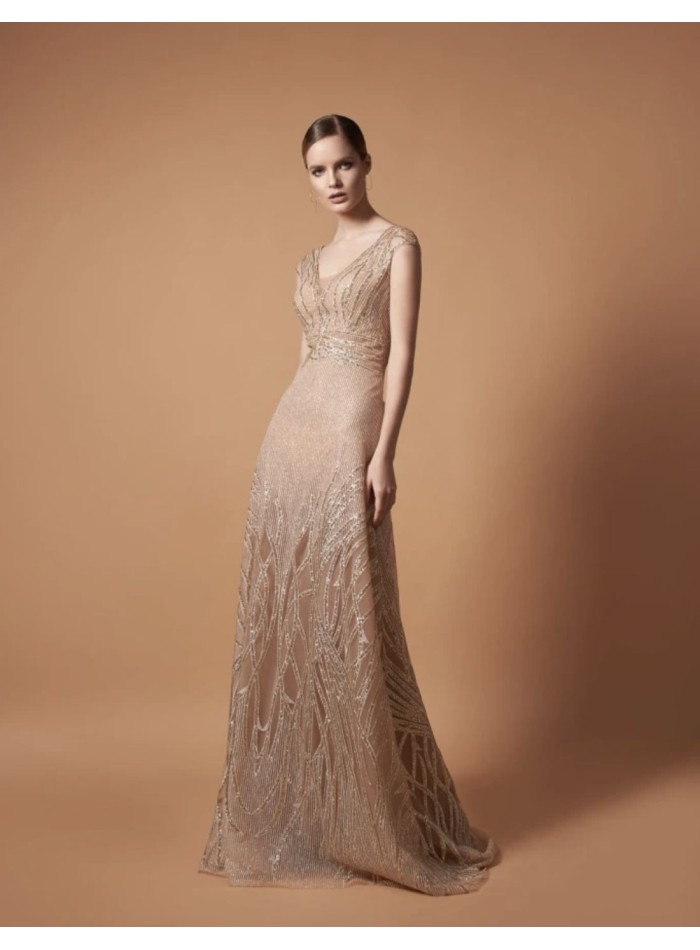 Long gold party dress with rhinestones
