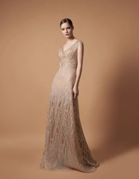 Robe longue de fête dorée avec strass