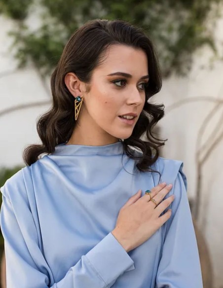 Midi satin sky blue dress with long sleeves