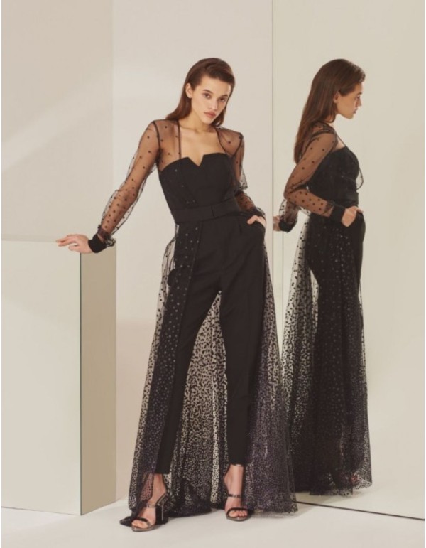 Two-piece set with strapless jumpsuit and long jacket