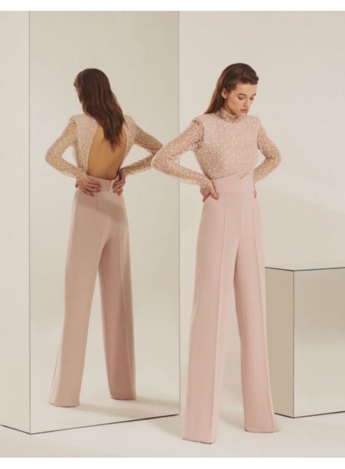 Long sleeved powder pink party jumpsuit with...