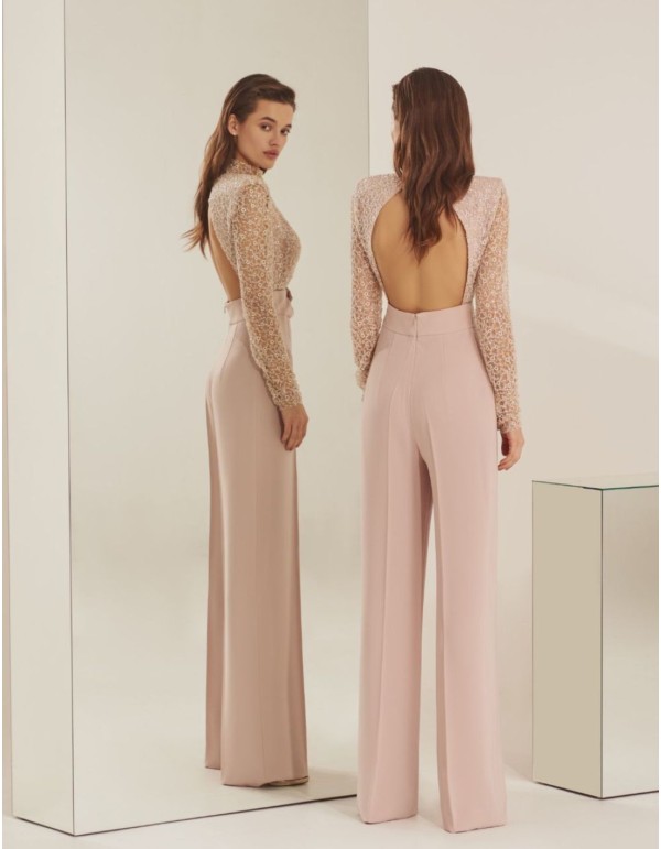 Mono largo de fiesta rosa empolvado con manga larga 2