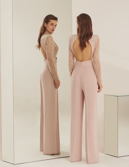 Long sleeved powder pink party jumpsuit with long sleeves