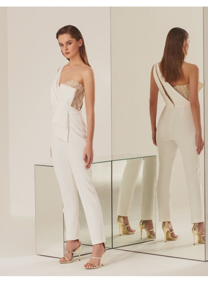 Ivory long party jumpsuit with asymmetrical...