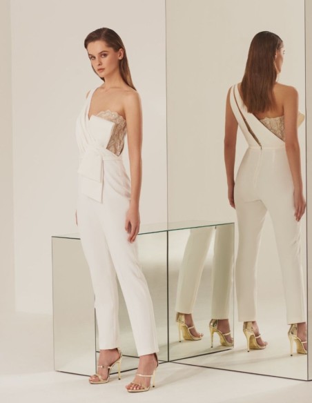 Ivory long party jumpsuit with asymmetrical neckline