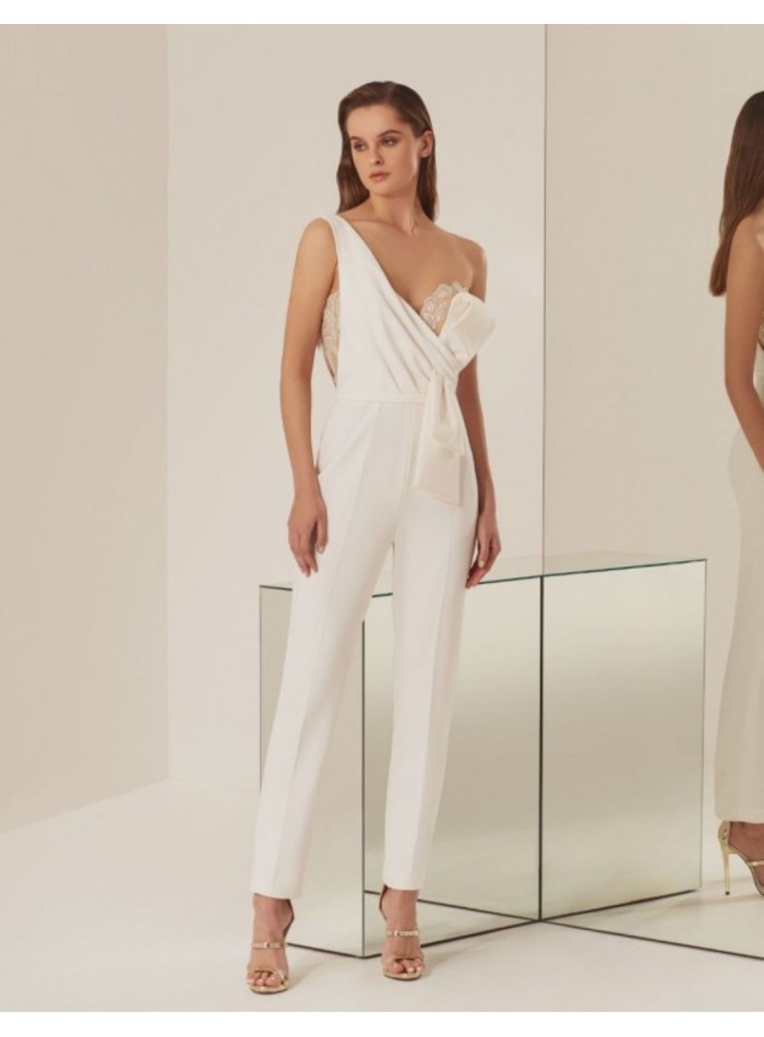 Ivory long party jumpsuit with asymmetrical...