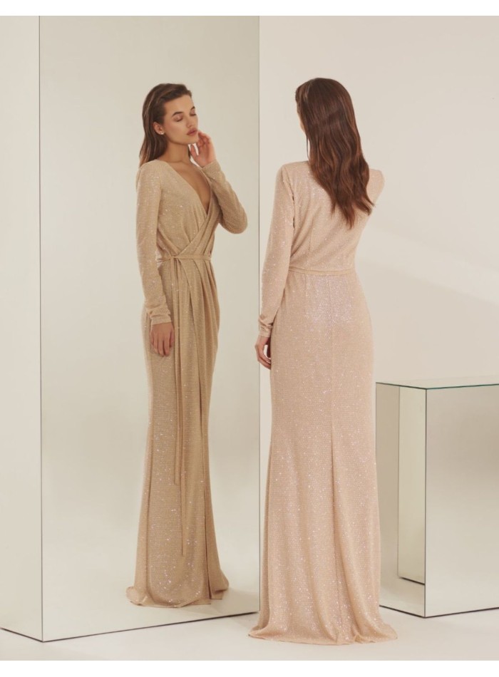 Robe longue de fête avec strass et manches longues