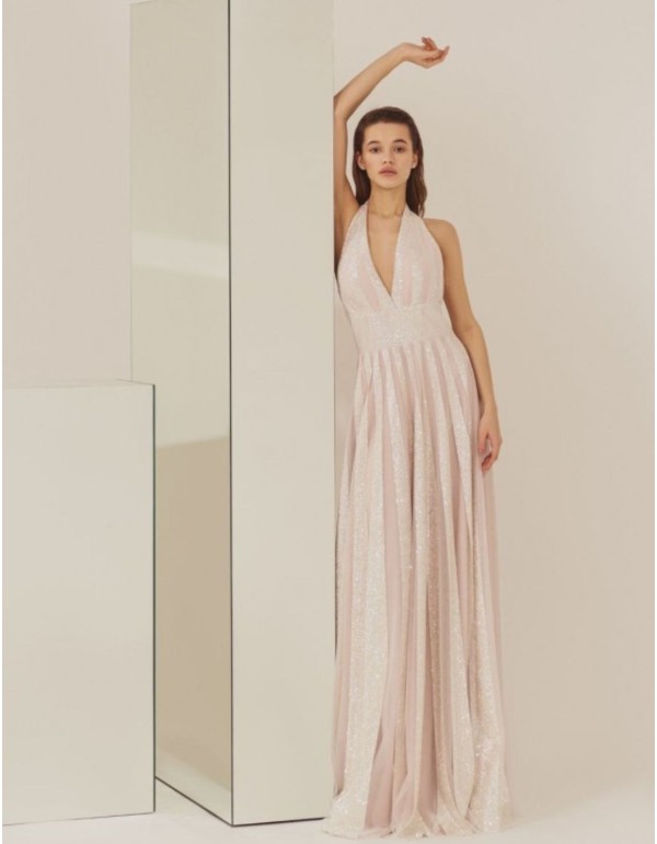 Robe longue de fête avec encolure dos nu et jupe longue
