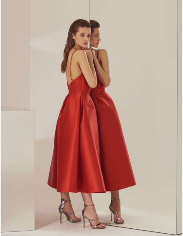 Red midi party dress with straight halter neckline and... 2