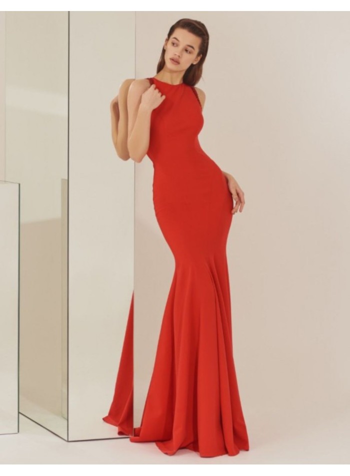 Robe longue de fête rouge avec coupe sirène et...