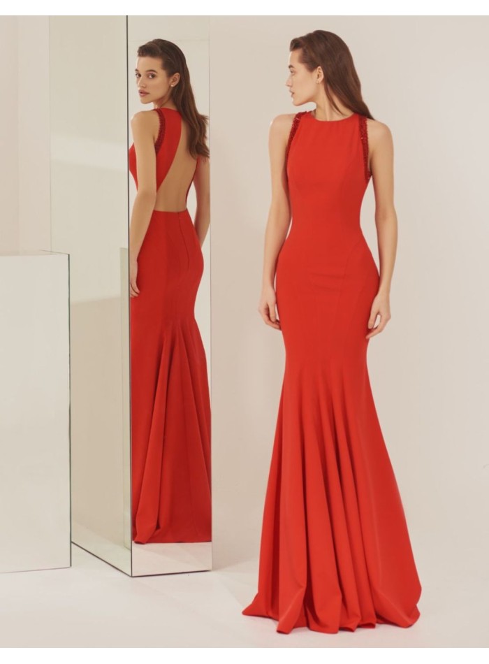 Robe longue de fête rouge avec coupe sirène et...