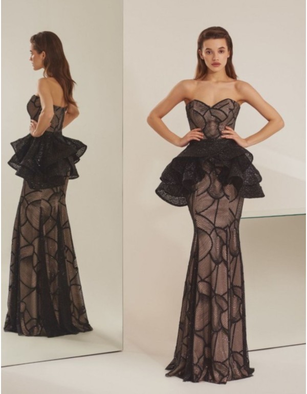 Long black lace party dress with overskirt