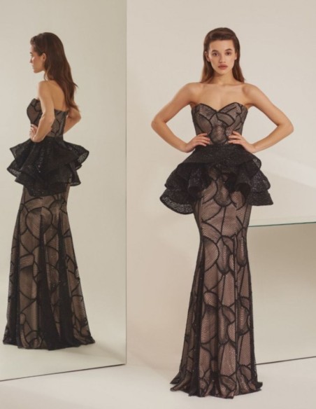 Long black lace party dress with overskirt