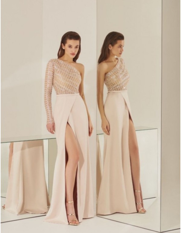 Asymmetric long party dress with side slit