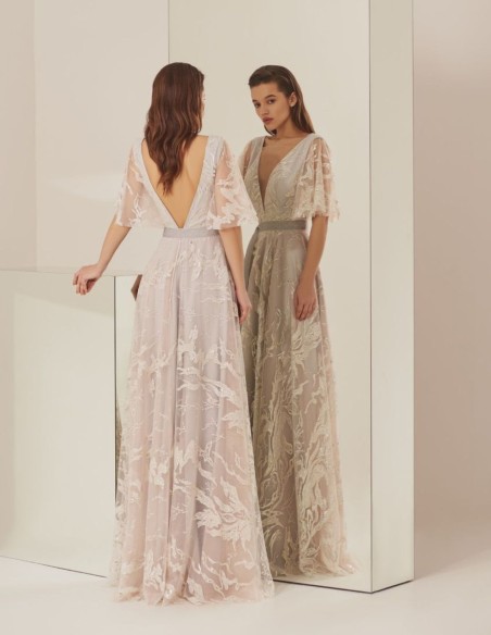 Vestido de fiesta largo con encaje floral de brillo